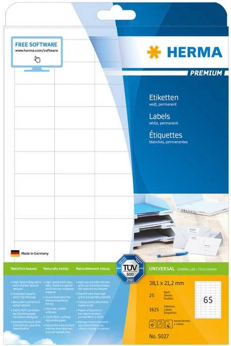 Herma Etykiety Premium 5027, A4, balta, 38,1 x 21,2 mm, papier matinė, 1625 vnt. (5027)