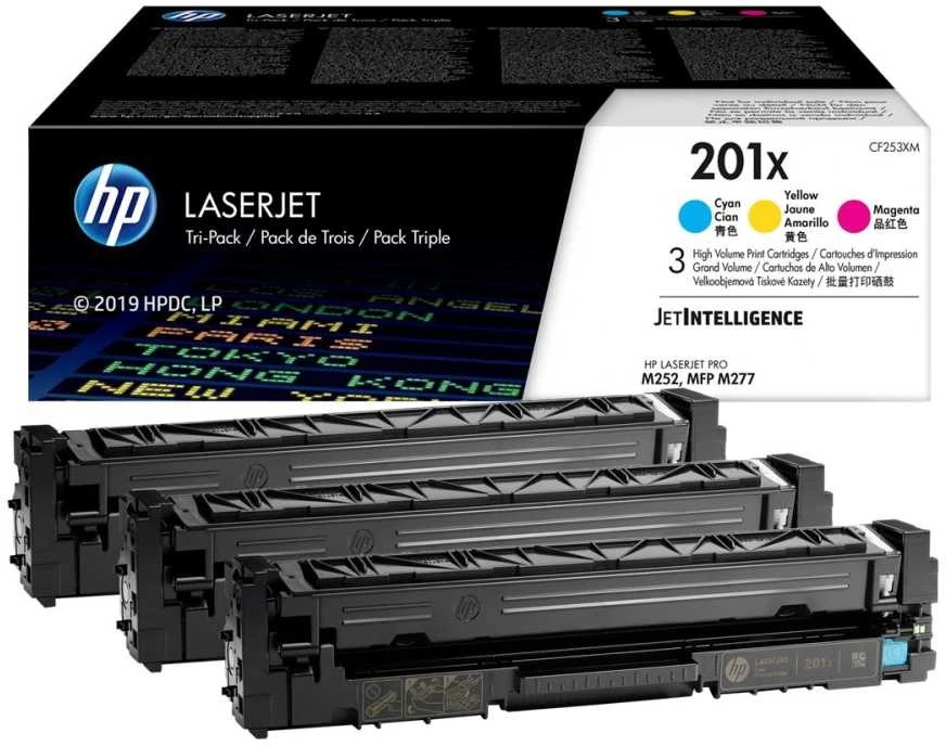 „Hewlett Packard“ (HP) HP 201X originalios „LaserJet“ dažų kasetės, žydros / rausvai raudonos / „Geltona High Yield“ (3 pakuotės)