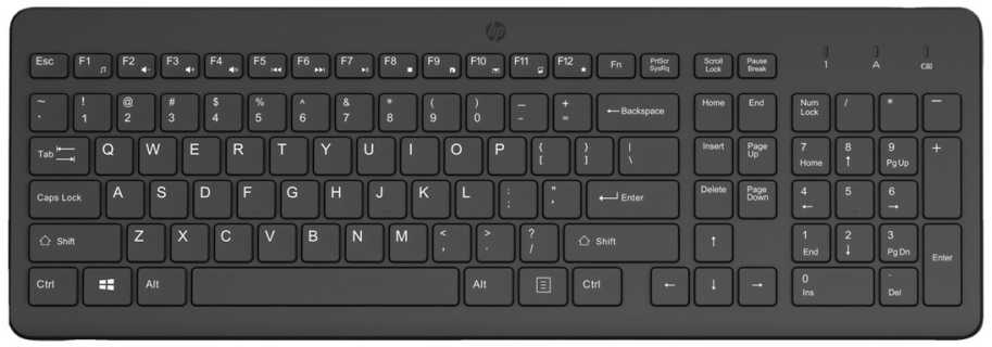 HP 225 belaidė klaviatūra, pilno dydžio (100%), belaidė, RF belaidė, stūmoklinio tipo klavišų jungikliai, juoda