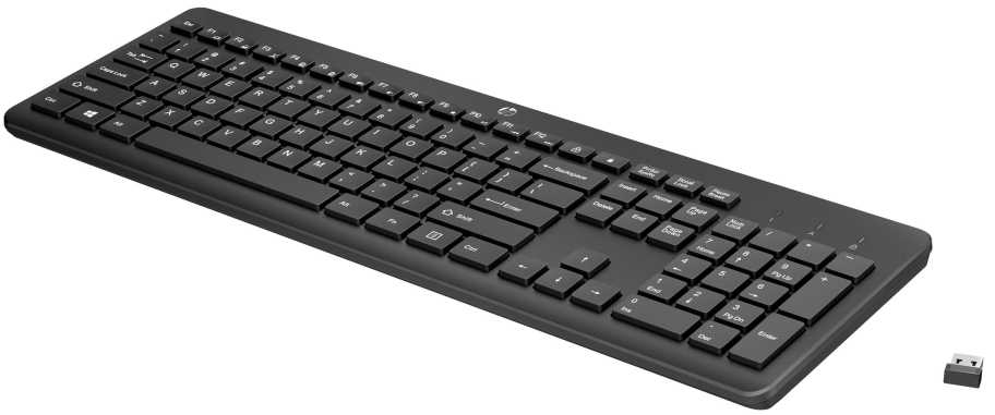 Klaviatūra HP 230 BLK WL KBD, viso dydžio (100 %), belaidis, radijo dažnių belaidis, membraninis, juodas