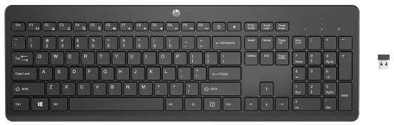 Klaviatūra HP 230 BLK WL KBD, viso dydžio (100 %), belaidis, radijo dažnių belaidis, membraninis, juodas