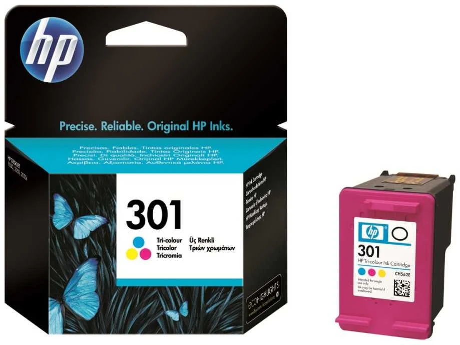 HP 301 trijų spalvų originali rašalo kasetė, standartinio našumo, žydra, rausvai raudona, geltona, dažų pagrindu pagamintas rašalas, 3 ml, 1 vnt., 150 puslapių