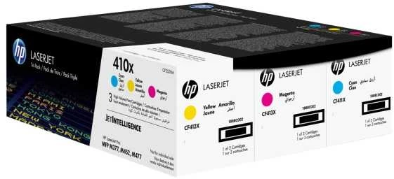 Hewlett Packard (HP) HP 410X 3 pakuočių didelio našumo žalsvai mėlynos spalvos / rausvai raudonos spalvos / geltonos originalios LaserJet dažų kasetės
