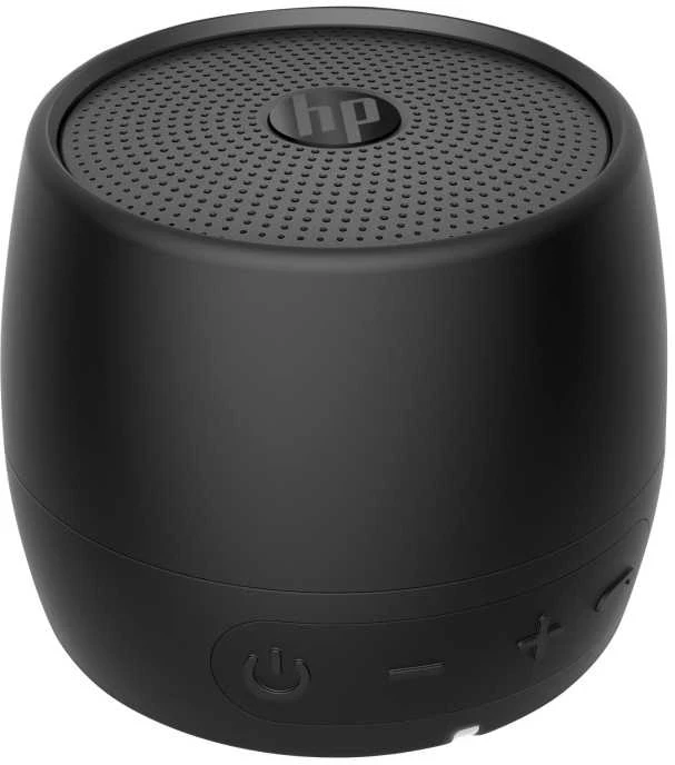 HP juoda „Bluetooth“ garsiakalbis 360, laidinis ir belaidis, nešiojamas mono garsiakalbis, juodas, cilindras, mygtukai, universalus