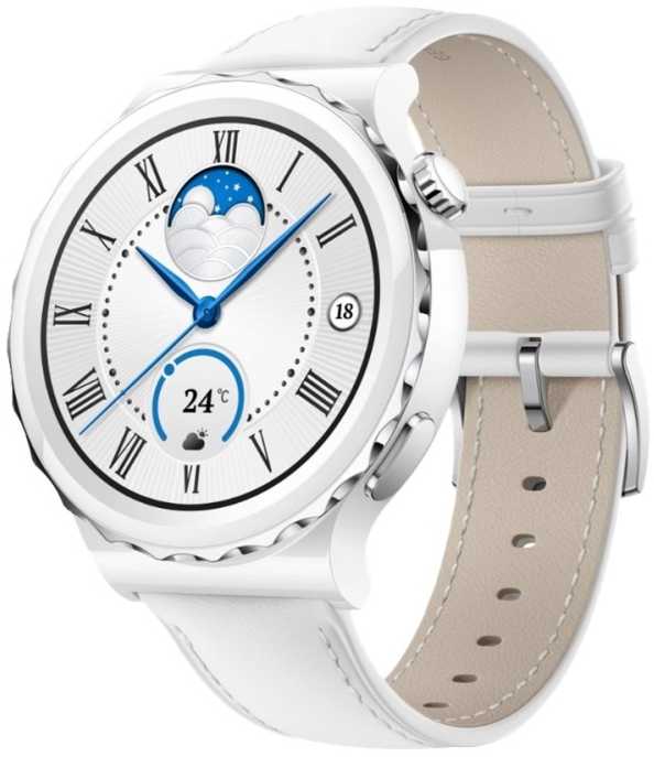Išmanusis laikrodis Huawei Watch GT 3 Pro, Baltos spalvos korpusas su baltu odiniu dirželiu