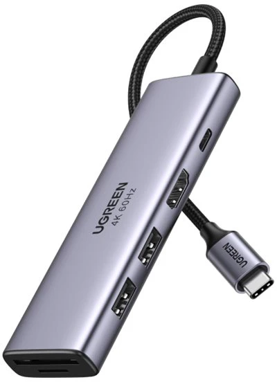 Ugreen daugiafunkcinis C tipo USB šakotuvas - 2x USB 3.2 Gen 1 / HDMI 4K 60Hz / SD ir TF kortelių skaitytuvas / C tipo USB PD 100W pilkos spalvos (60384 CM511)