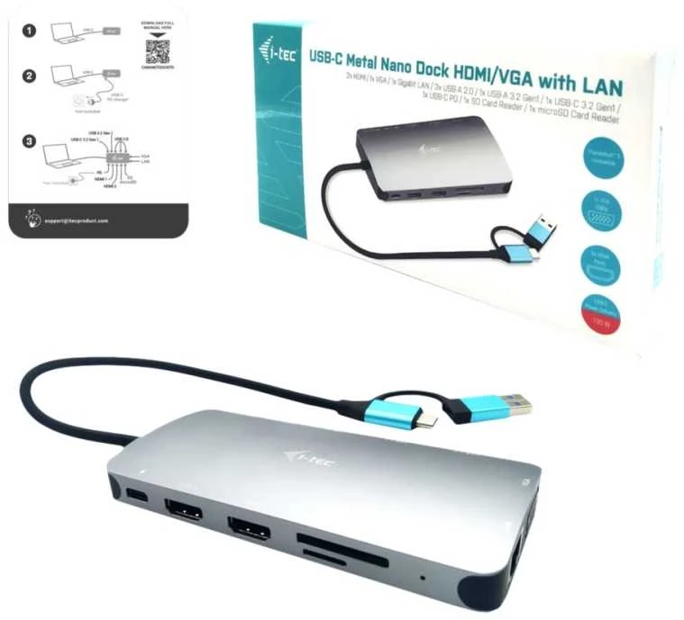 I-TEC USB-C metalinis nano dokas 2xHDMI 1xVGA 1xSD kortelių skaitytuvas 1xmicroSD kortelių skaitytuvas 1xGLAN 3xUSB 2.0 1xUSB 3.2 1xUSB-C3.2duomenys 1xUSB-C PD