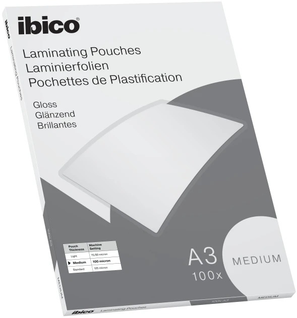 „Ibico Basics“ vidutinio dydžio A3 formato laminavimo vokeliai, blizgūs, permatomi, A3, terminiai, 0,1 mm, 100 vnt.