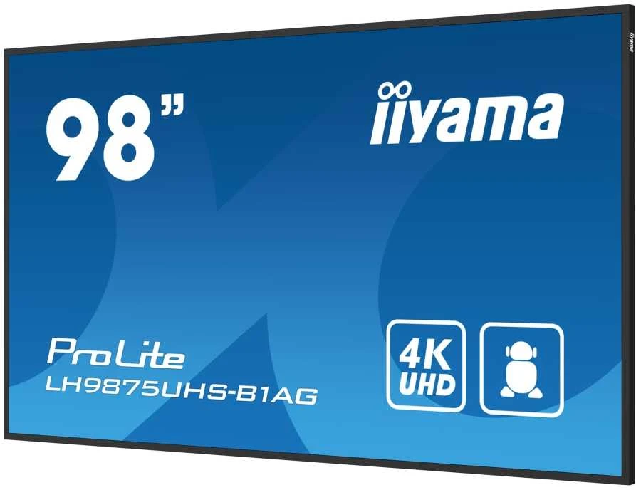 Monitorius „Iiyama 98“ 3840x2160, UHD IPS panelė, 25 % miglos lygis, 500 cd/m², 2 x 16 W garsiakalbiai, kelios įvestys: DVI-I VGA, 3 HDMI, DP išvestis, 2 USB 2.0, „Wi-Fi“, LAN, medijos grotuvas, RS232C, „iiSignage2“ (CMS/DMS), „E-Share“, „Android 11“ OS, OPS kompiuterio lizdas