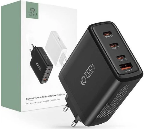 Laidinis įkroviklis 100W 3x USB-C PD + QC3.0 USB Tech-Protect NC100W-GAN juodos spalvos