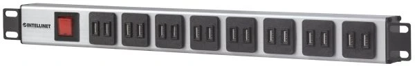 Intellinet 19" stovo 16 prievadų USB-A maitinimo paskirstymo įrenginys (CEE 7/7), su apsauga nuo perkrovos ir maitinimo jungikliu, 2,1 A maks. vienam moduliui, 2 m maitinimo laidas (europinis 2 kontaktų kištukas), 1U, aliuminis, mėlynas, pilkas, F tipas, 2 m, 240 V