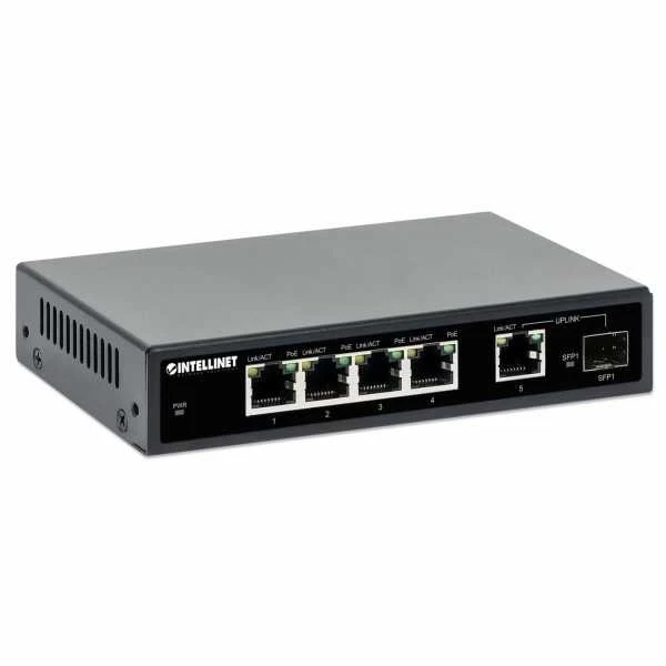 Šakotuvas Intellinet 561822 jungiklis Gigabit 4x RJ45 PoE+, 1x RJ45 Uplink, 1x lizdas SFP