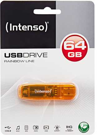 „Intenso Rainbow Line“, 64 GB, USB A tipo, 2.0, 28 MB/s, Dangtelis, Oranžinis