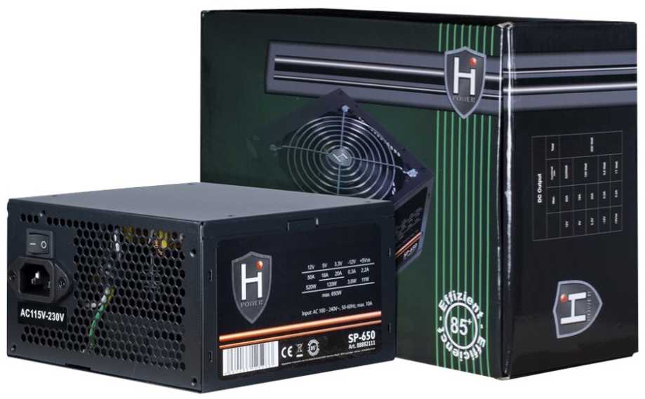 „Inter-Tech HIPOWER SP-650“, 650 W, 100–240 V, 50–60 Hz, 10 A, 120 W, 520 W