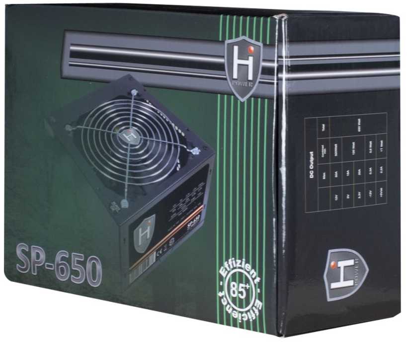 „Inter-Tech HIPOWER SP-650“, 650 W, 100–240 V, 50–60 Hz, 10 A, 120 W, 520 W