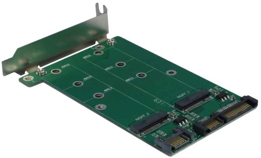 „Inter tech“ adapteris dviem M.2 S-ATA diskams (1xS-ATA 15 kontaktų + 2x7 kontaktų kištukas), dėklas
