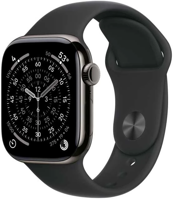 Išmanusis laikrodis „Apple Watch 11 GPS + Cellular“, 42 mm, titano spalvos sportinis dirželis, M/L, juodas (MF8T4ZR/A)