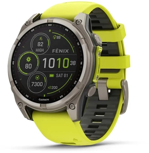 Išmanusis laikrodis Garmin Fenix 8 47mm, Solar, Sapphire, Titanas su ryškiai geltonu / grafito spalvos silikoniniu dirželiu