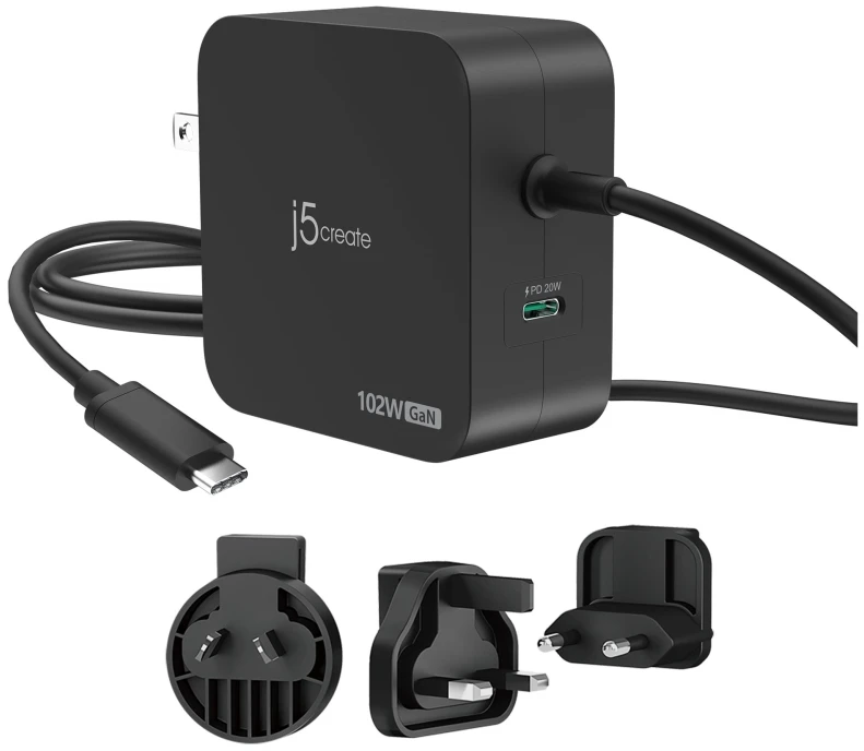 Nezatříděno J5create – 102 W GaN PD USB-C 2 prievadų įkroviklis, keičiami kintamosios srovės kištukai