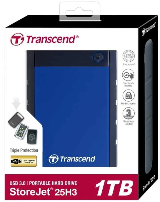 Išorinis kietasis diskas Transcend 25H3B 2.5'' 1TB USB3, Triguba smūgių slopinimo sistema