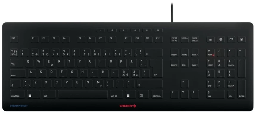 Klaviatūra Cherry Contour Design STREAM PROTECT, Pilno dydžio (100%), Laidinė, USB, Žirklinio mechanizmo klavišai, QWERTY, Juoda