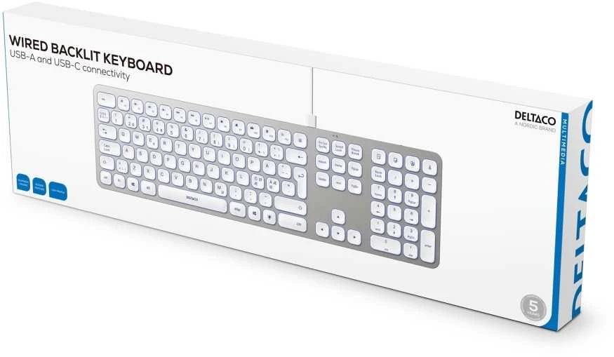 Klaviatūra Deltaco TB-904, viso dydžio (100 %), laidinis, USB, žirklinio mygtuko jungiklis, QWERTY, balta, sidabrinė