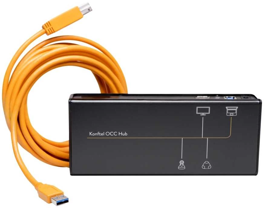 Konftel OCC Hub su oranžiniu USB laidu