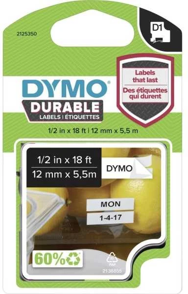 DYMO D1 Patvarus 12 mm x 5,5 M, Juodas ant Balto