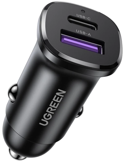 Automobilinis įkroviklis 30W USB-C + USB UGREEN EC305 juodos spalvos