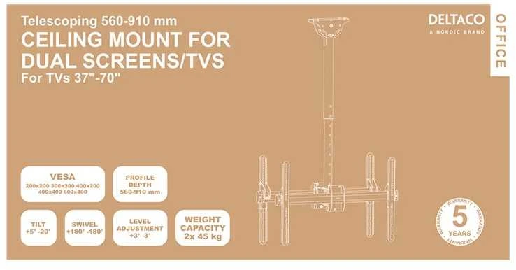 Teleskopinis LED / LCD lubinis laikiklis DELTACO OFFICE 37-70 ", 560 - 910 mm, juodas / ARM-0403