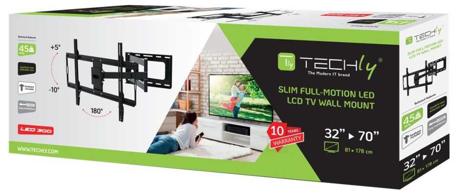 Laikiklis Intracom Manhattan TECHLY Wandhalterung fuer LCD TV 81,28cm bis 177,80cm Tragklast bis 45Kg Slim Juodas Ausziehbarer Arm bis zu 688mm