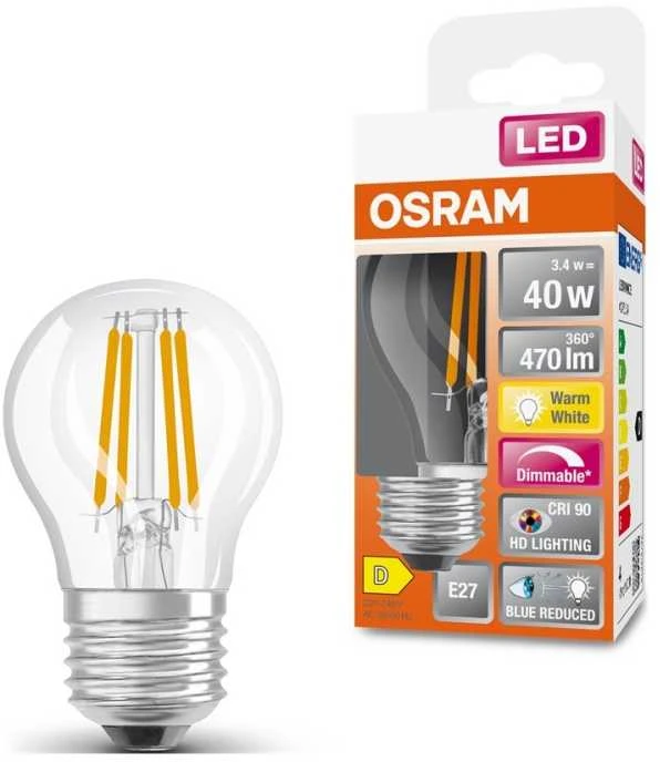 Osram 3,4W LED lemputė LED SUPERSTAR PLUS, E27, skaidri, 2700K, dimeriuojama