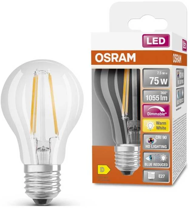 Osram 7,5W LED lemputė LED SUPERSTAR PLUS, E27, skaidri, 2700K, dimeriuojama