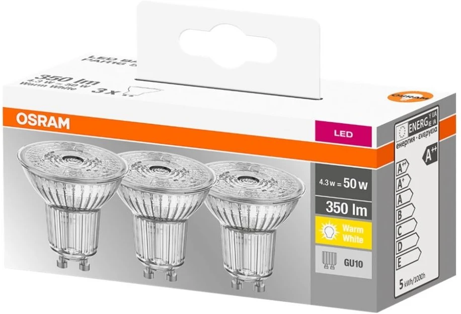 LED lempa Osram PAR16, 4,3W, GU10, 2700K, 350lm, 3vnt.