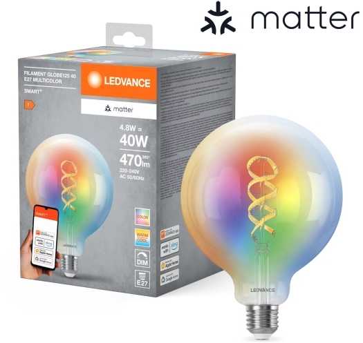 LEDVANCE SMART+ MATTER filamentinė daugiaspalvė klasikinė 4,8 W - E27 išmanioji lemputė