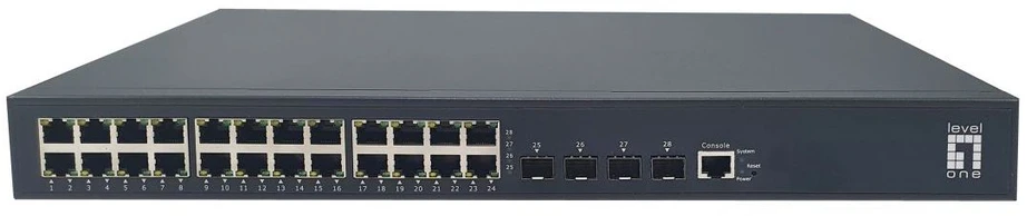 Šakotuvas Level One „LevelOne PoE+“ komutatorius 24xGE PoE/4x10GSFP+ 440W 19" valdomas L3