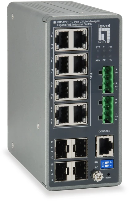 Šakotuvas Level One LevelOne TURING 12 prievadų L3 Lite valdomas pramoninis gigabitinio tinklo komutatorius, 8 PoE išėjimai, 240 W, 802.3at/af PoE, 4 x SFP, nuo -40 °C iki 75 °C, valdomas, L3, Gigabit Ethernet (10/100/1000), Power over Ethernet (PoE)