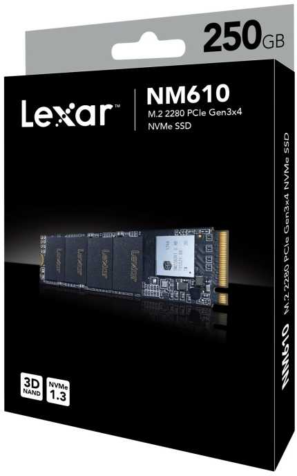 Lexar NVMe SSD NM610 250 GB, SSD form factor M.2 2280, SSD sąsaja PCIe Gen3x4, Rašymo greitis 1200 MB/s, Skaitymo greitis 2000 MB/s