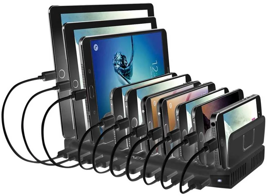 USB Įkrovimo Stotelė - LINDY USB Įkrovimo Stotelė, 96W, 10 Jungčių, USB Type A, 5V/18A, Juoda