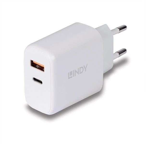 Įkroviklis - LINDY 30W USB Type A ir C Įkroviklis, Dvigubas Prievadas, PD Kompaktiškas Dizainas, Baltas