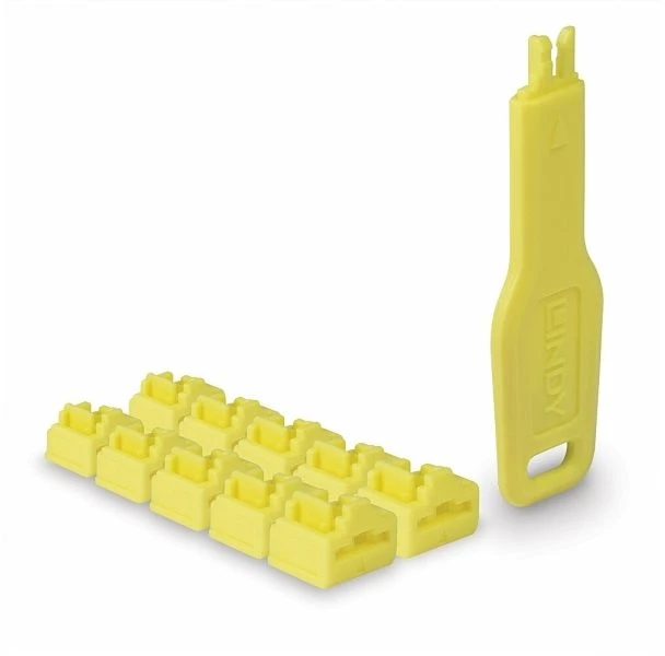 Lindy Tinklo Priedas - RJ45 Prievado Blokatorius 10vnt + 1 Raktas ABS Geltonas