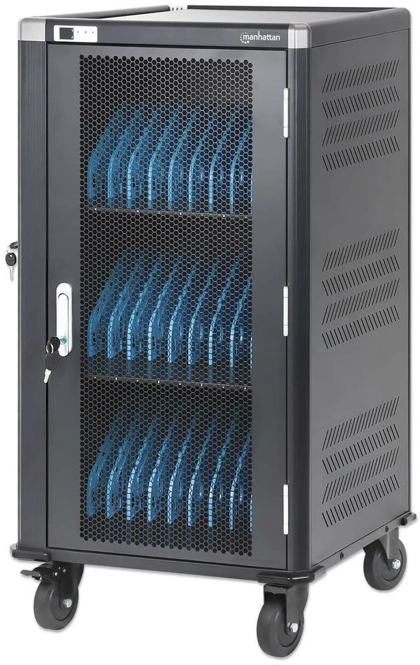 Manhattan Nešiojamojo kompiuterio įkrovimo spinta/vežimėlis per AC adapterį (ES) 30 vietų, įrenginio AC adapterio (maitinimo laidų) įdėjimas į bloką, tinka VISIEMS nešiojamiesiems kompiuteriams (iki 16"), iPad, MacBook, Chromebook ir kitiems nešiojamiesiems įrenginiams, skyriai 380x30x280 mm, spinta, su užraktu