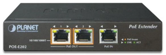 Šakotuvas Planet Technology PLANET POE-E202, Tinklo siųstuvas ir imtuvas, 100 m, 2 Mbit/s, Cat5, Cat5e, 10,100,1000 Mbit/s, Pilnas, Pusinis