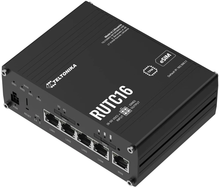 Teltonika RUTC16, Wi-Fi 6 (802.11ax), dviejų dažnių (2,4 GHz / 5 GHz), Ethernet LAN, 4G, juodas, pramoninis maršrutizatorius