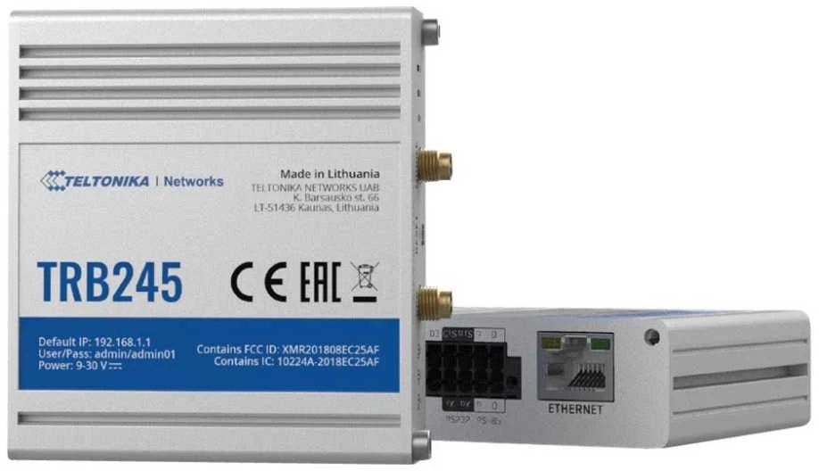 Šakotuvas Teltonika TRB245 LTE Gateway: Be WiFi, 4G, Dual SIM, Enthernet prievadas, RS232+RS485 jungtys, GPS Teltonika