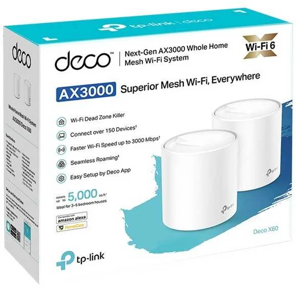 Maršrutizatorius TP-LINK Deco X60 AX3000 Wi-Fi 6 viso namo tinklelio sistema 2 paketų keturių branduolių procesorius 2x GE RJ45 4xint.antenos MU-MIMO