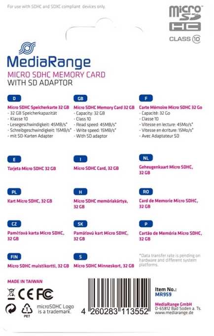 Atminties kortelė Karta MediaRange Micro SDHC 32 GB Class 10 UHS-I (MR959)