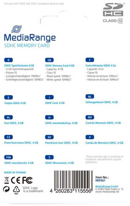 Atminties kortelė Karta MediaRange MR961 SDHC 4 GB, 10 klasė (MR961)