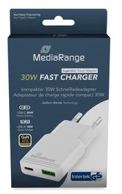 Įkroviklis MediaRange Įkroviklis 30W 2-Port 1x USB-A/1x USB-C GaN balta