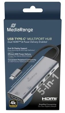 Stotis / replikatorius MediaRange MediaRange HUB USB-C 5 in 1 kelių prievadų adapteris, sidabrinis
